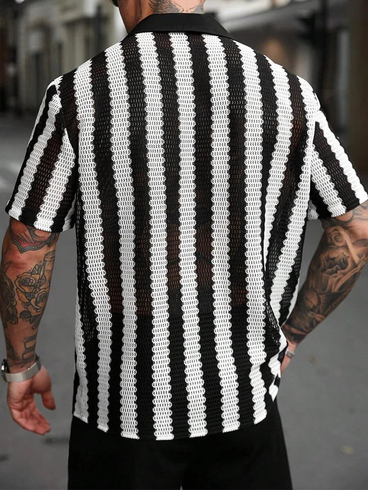 Trendy Mens Knitted Shirts 2025 Summer Casual Hollow Out Breathable Cardigans Men Beach Fashion Short Sleeve Striped Knit Shirt