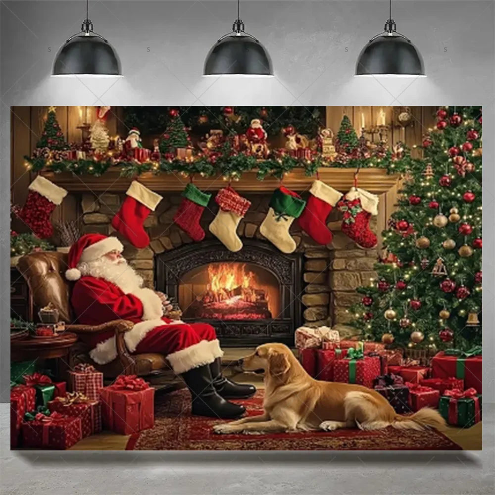 Christmas Party Decoration Winter Fireplace Xmas Tree Background Baby Shower Supplies Banner Photo Prop Backdrop Children Gift