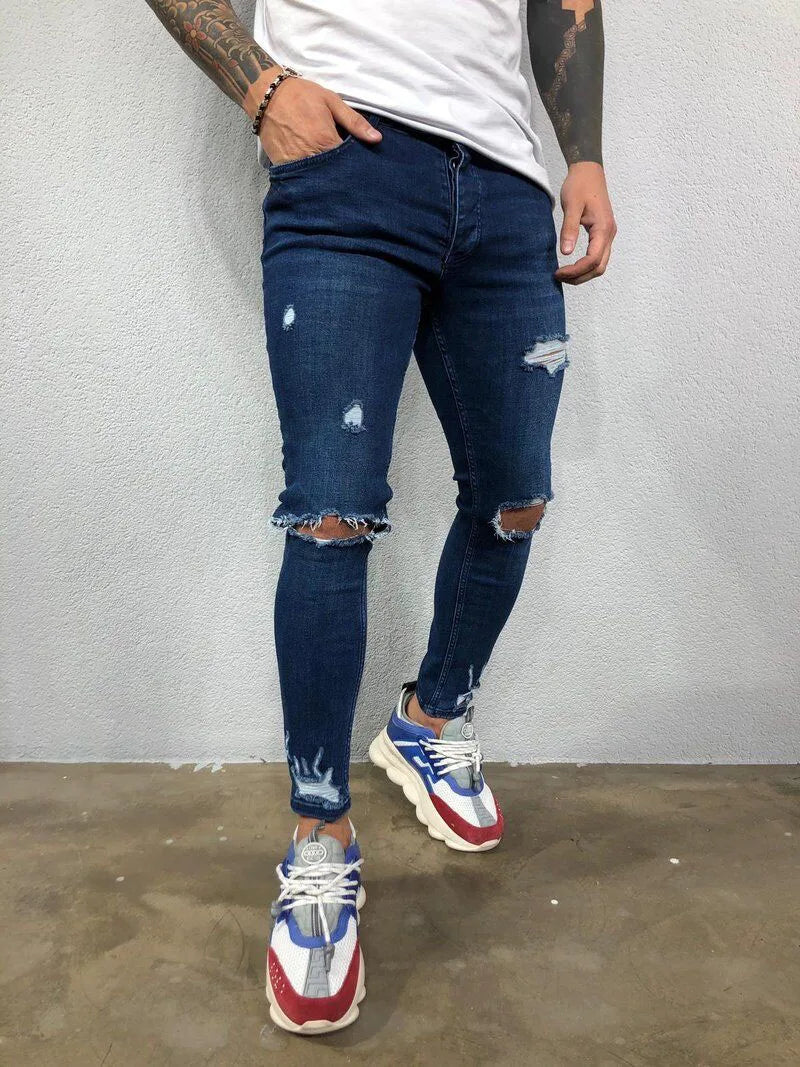 Men's Jeans Streetwear Ripped Skinny Hip Hop Man Fashion Estroyed Oversize Pants Solid Color Male Stretch Casual Denim Trousers