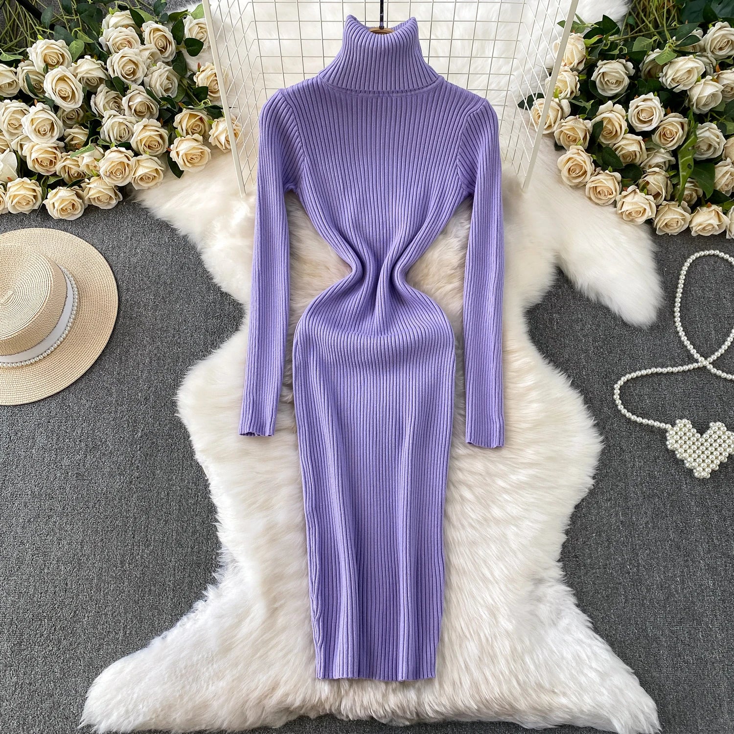 Women Winter Turtleneck Knittign Dress Stretch Slim Long Sleeve Soft Knitwear Dresses Female Casual Lining Simple Bottom Vestido