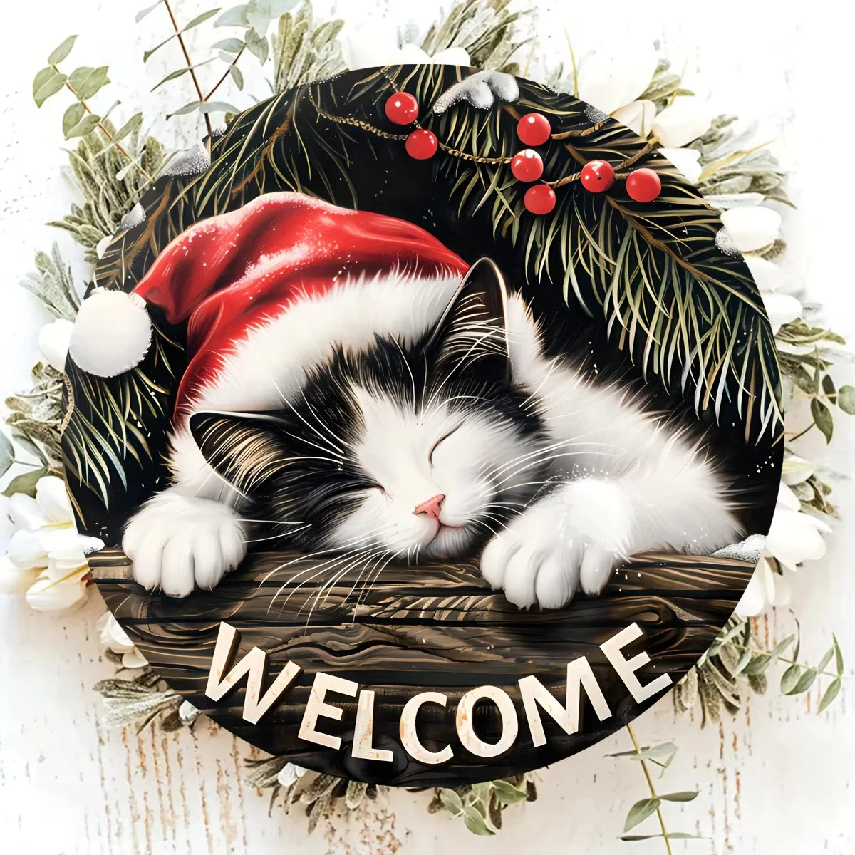 Christmas Welcome Sign Wooden Round Hanging Decoration with Sleeping Cat Design, Perfect for Wreath New Ye wall Accents
