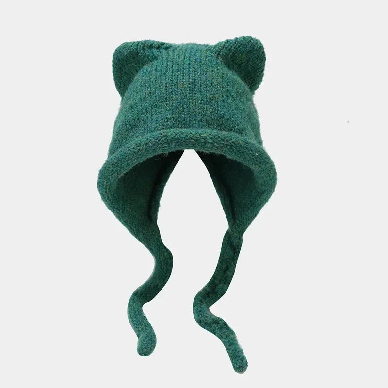 Winter Hat For Women Men Skullies Beanies Solid Color Korean Cute Cat Ear Warm Wool Ear Protection Knit Pullover Strap Cap Y2K