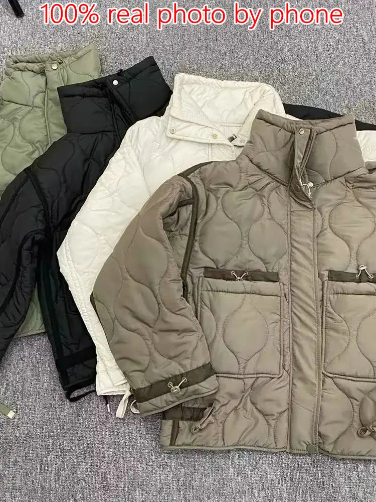 Quilted coat for women ETJ 2024traf QUILTED JACKET WITH TIES new beige drawstring high neck pocket clip cotton jacket for women