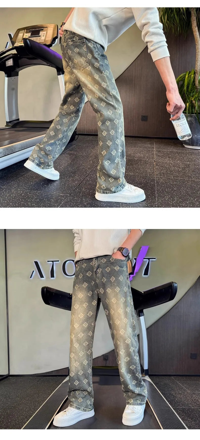 Light Blue Full Print Jacquard Jeans for Men, Niche Design, Curved Knife Pants, American High Street Vibe Straight Leg Pants