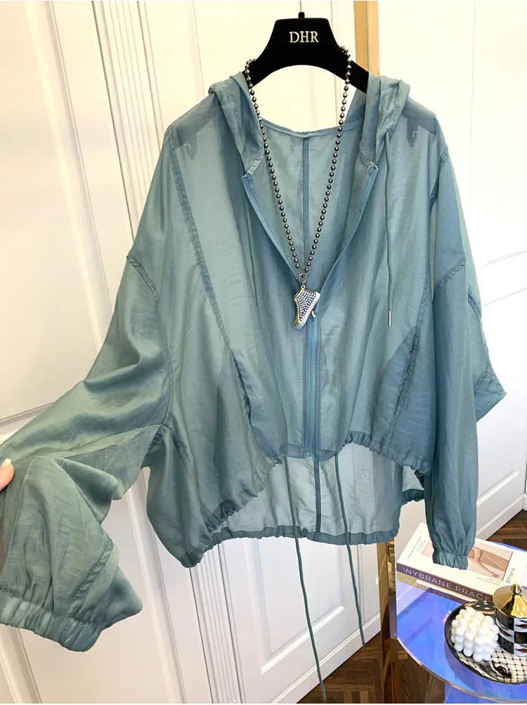 Jackets Women Hooded Summer Sun-proof Zipper Coats Thin Loose See Through Outerwear Breathable Outwear Lightweight Clothes Black