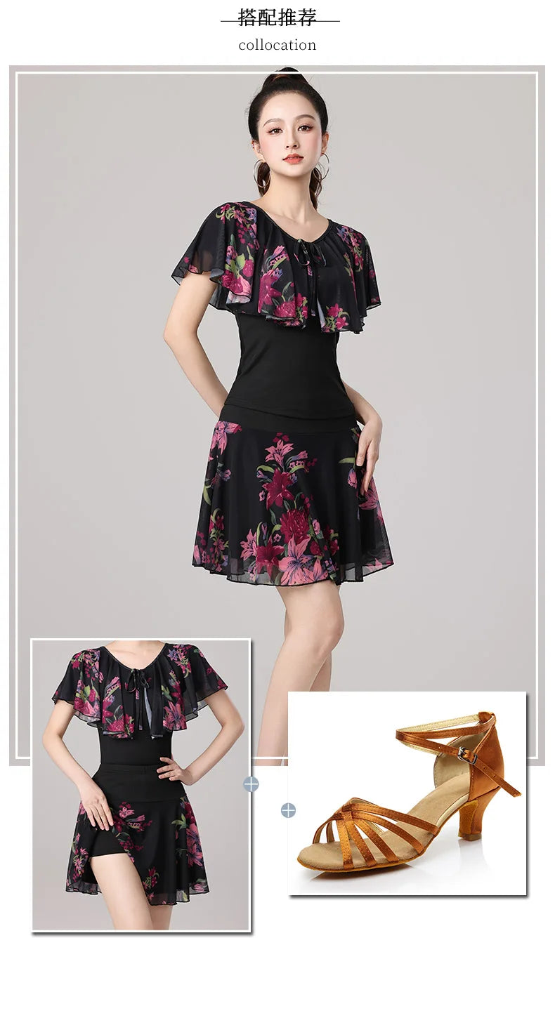 Women Samba Latin Dance Practice Suit Summer New Net Yarn Printed Modern Dance Performance Costume Square Modern Evening Dresses