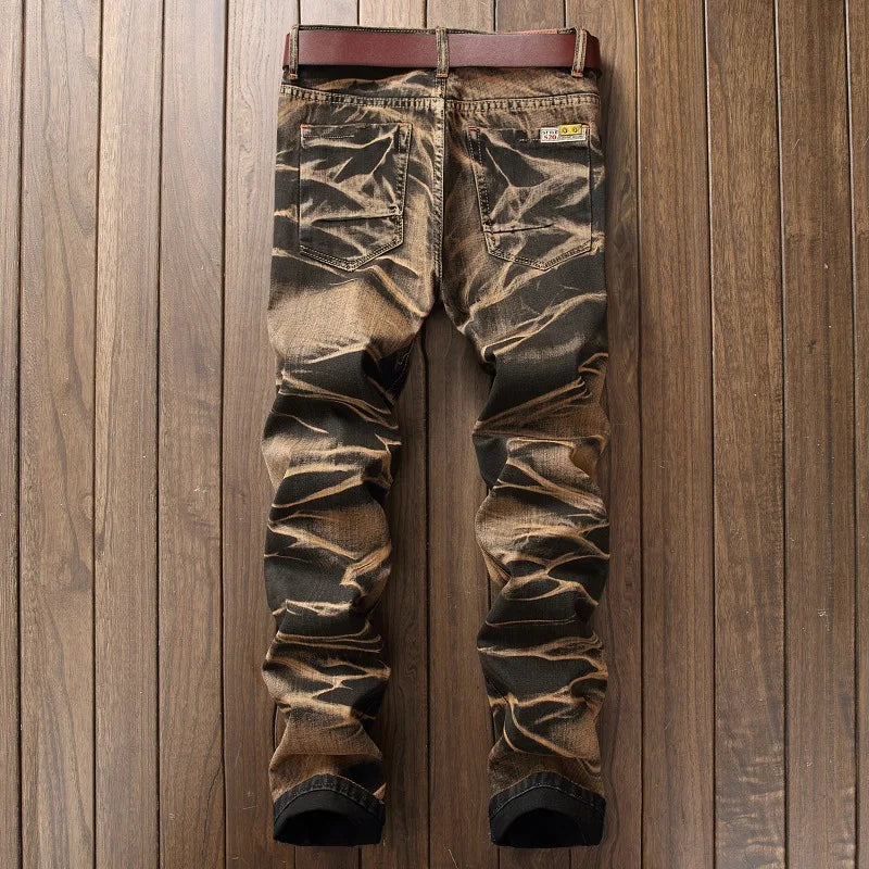 2025 Men's Fashion Vintage Jeans Slim Straight Leg Tie Dye Pleated Biker Denim Pants Male Casual Pants Oversized 42 High Quality