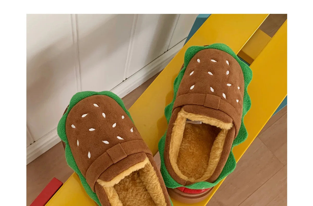 Women's Home Slippers Winter Warm Fuzzy Hamburger Slippers Funny Cute Indoor Rug Flat-Soled Home Shoes Plush Home Slippers