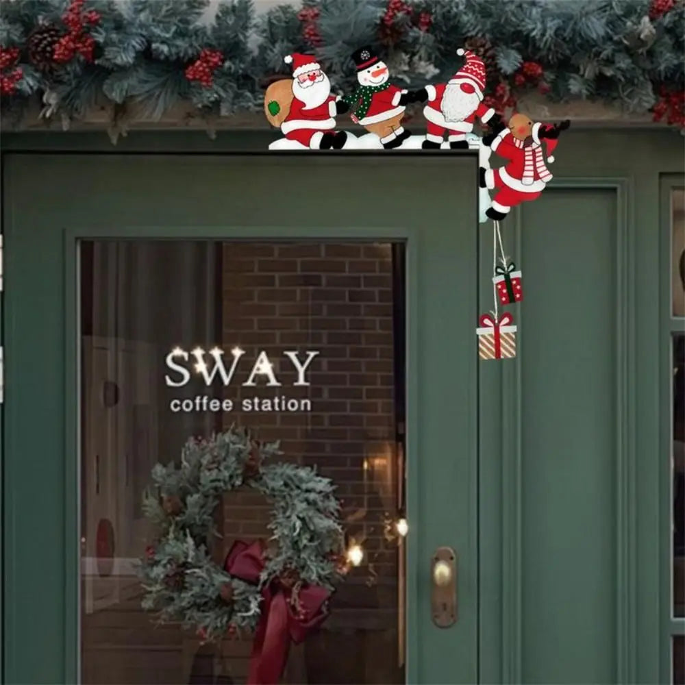 New Santa Door Corner Decor Christmas Cartoon Door Frame Decor Snowman Reindeer Wooden Pendant Party House Decor