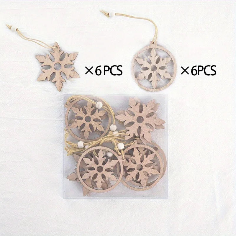 Festive Wooden Christmas Ornaments with Snowflake Star and Heart Designs for Home Tree Decor Holiday Party Supplies DIY Crafts