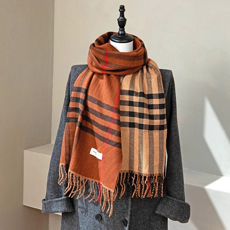 Autumn and Winter New Arrival Tassel Long Scarf Striped Fashion Cowl Neck Warm Fuzzy Color Block Wrap