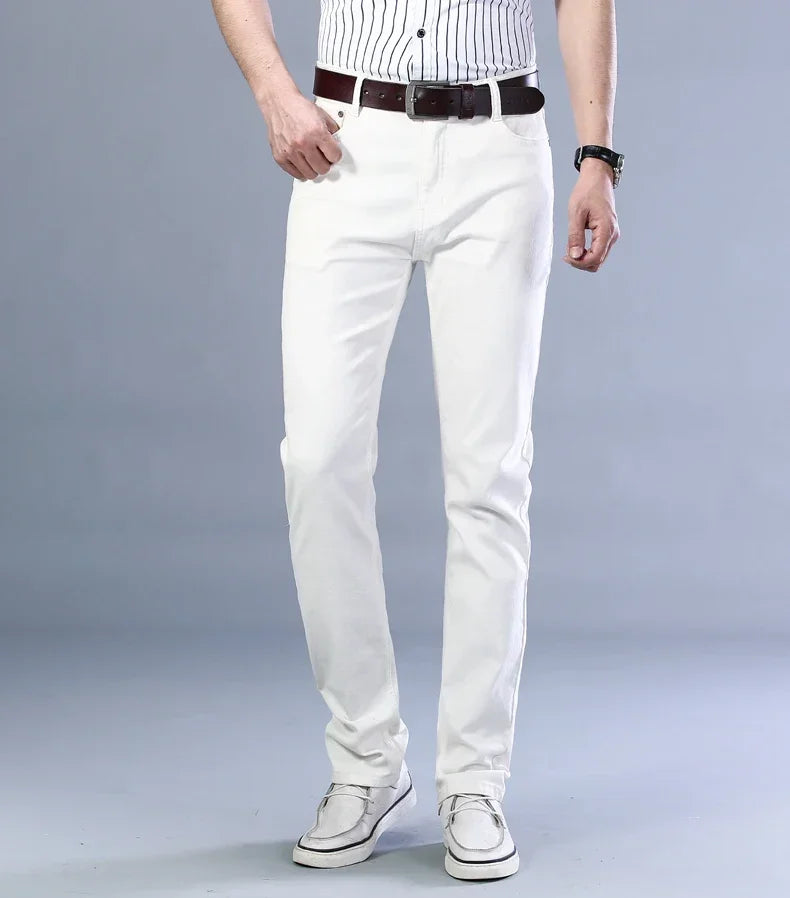 Men's Jeans Pure White Fashion Elastic Slim Youth Slimming Straight Leg Male Pants Business Casual Middle Age High End Trousers