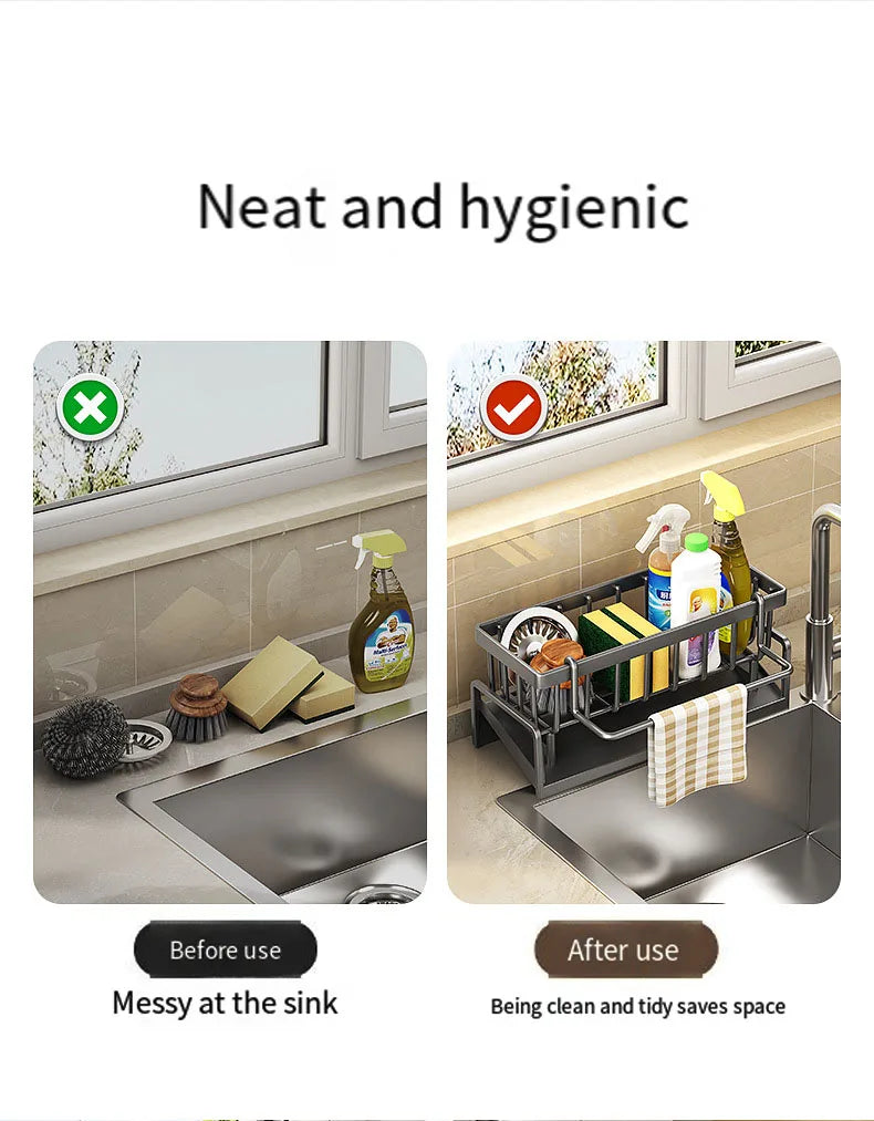 Kitchen Drainable Storage Rack With Hanging Rod Countertop Cleaning Supplies Without Punching Multi-Functional Storage Rack Tool