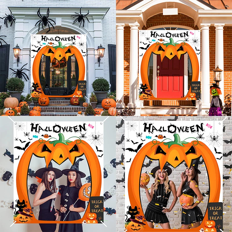 Halloween Pumpkin Party Decorations Scary Pumpkin Door Banner Creepy Photo Booth Props Large Horror Photography Backdrop