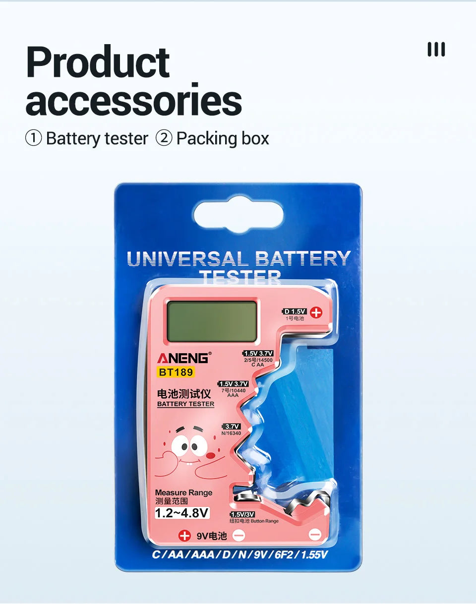 ANENG BT189 Universal Battery Tester for C,AA,AAA,D,N,9V 6F22 Batteries 1.5V 3V Button Cell Battery Indicator Electric Tools
