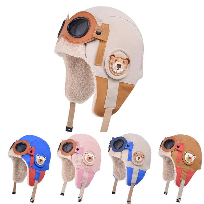 Winter Kids Skiing Hat with Detachable Goggles Kids Beanie Protect Ears Fleece Lining Children Bonnet Cap for Boys Girls 4-12Y