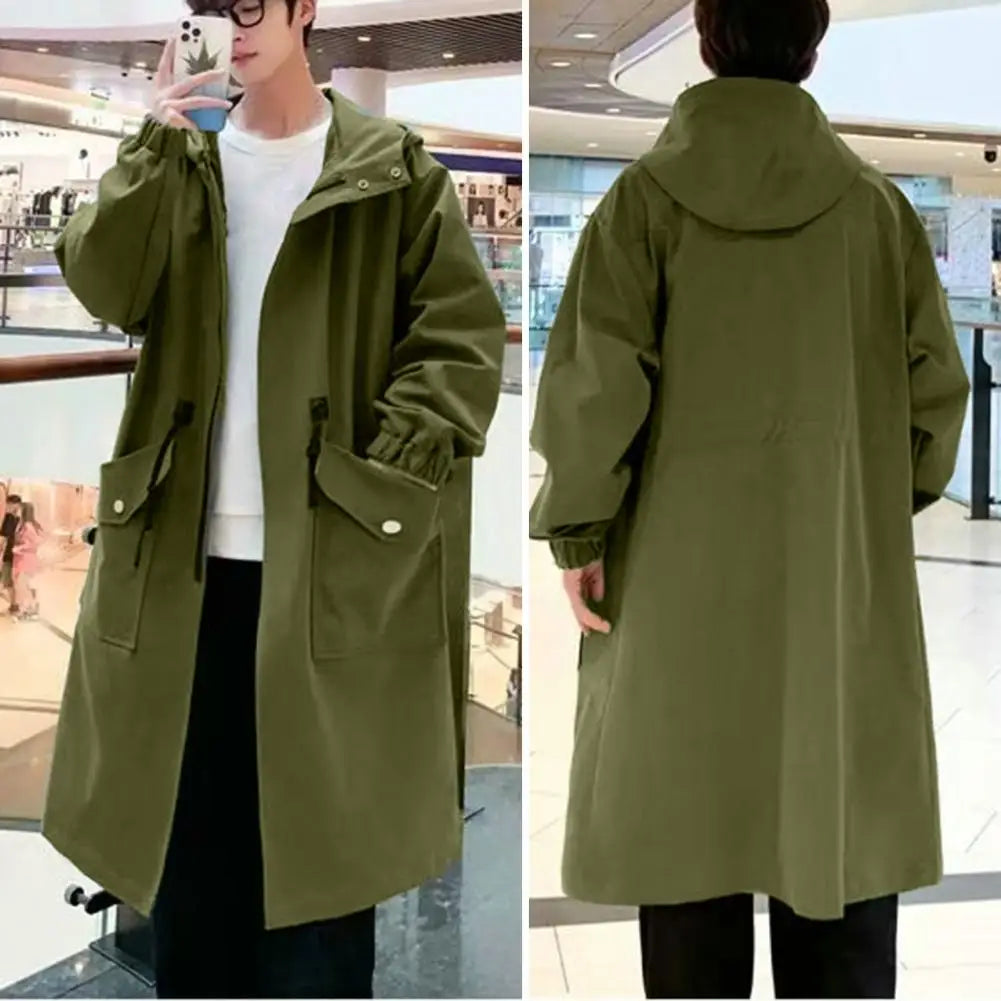 Long Trench Coat Jacket Men Autumn Spring Black Hip Hop Japanese Coats Streetwear Male Hooded Green Khaki Casual Jackets