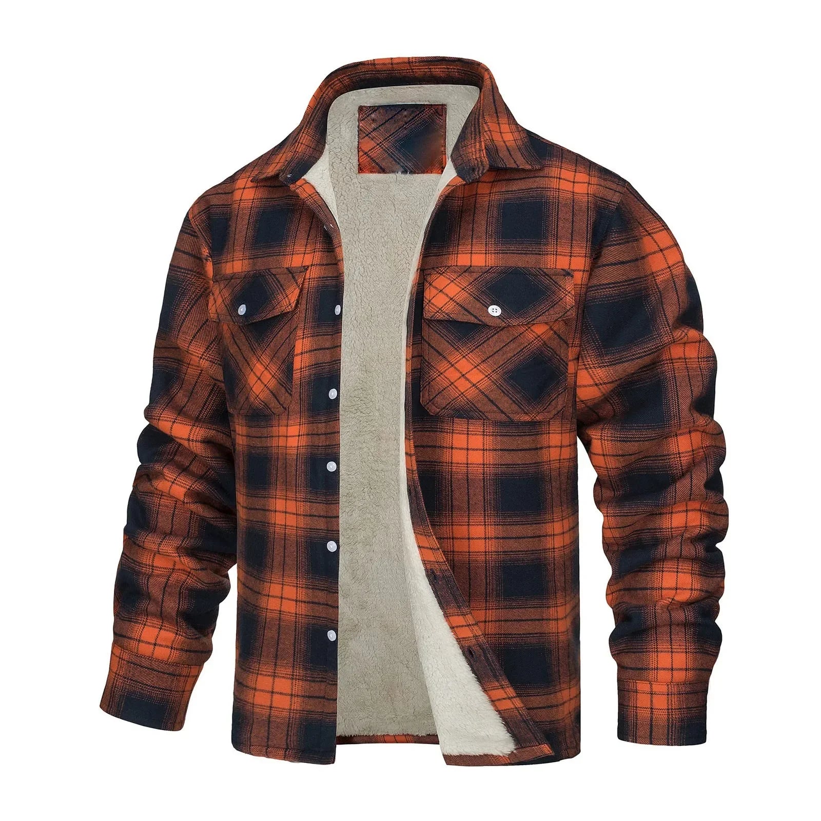 Men Fall Winter Jacket Plaid Print Lapel Soft Plush Long Sleeve Single-Breasted Loose Thickened Casual Mid Length Men Coat