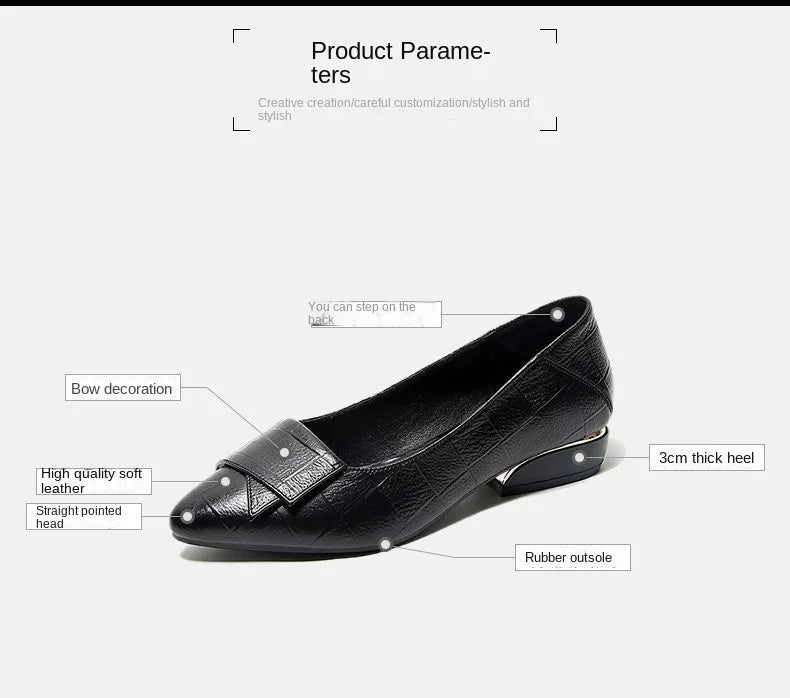 Shoe Women's 2024 New Spring and Autumn Shallow Cut Thick Heel Pointed Toe Women's Shoes Soft Leather Soft Sole Shoes Work Shoes