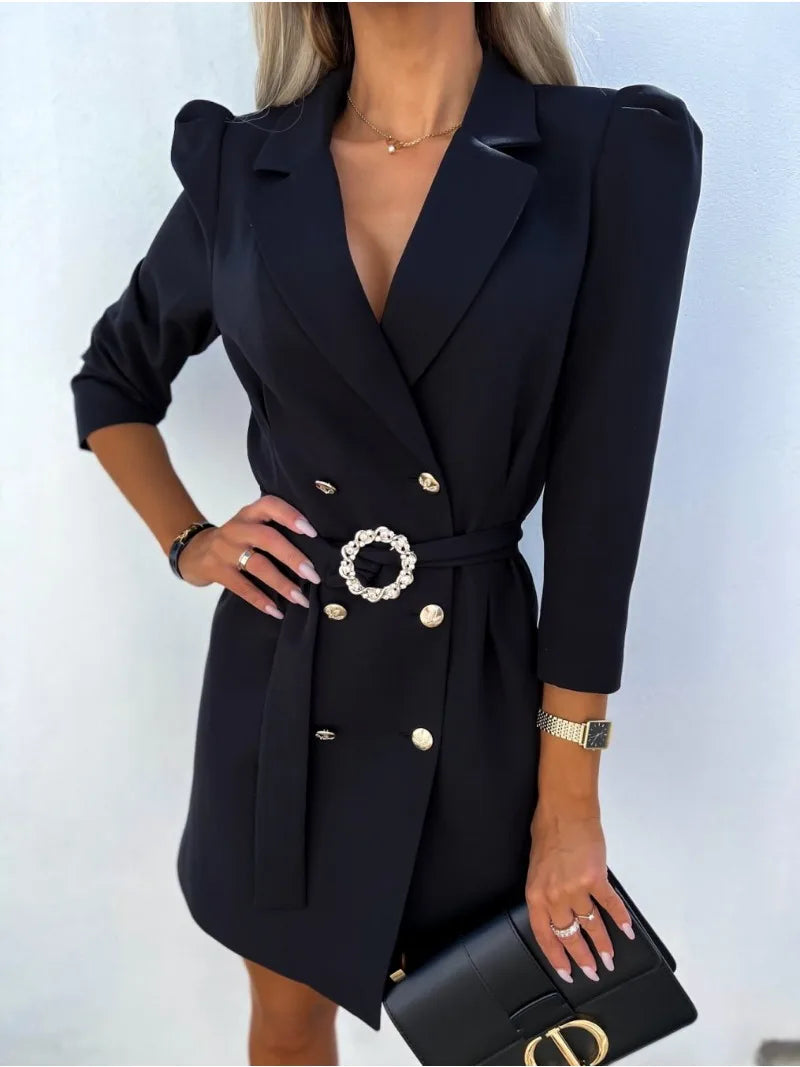 Women's Fashionable Elegant Casual Fit  Comfortable Long Sleeved Printed Collar Suit Jacket Dress with Belt