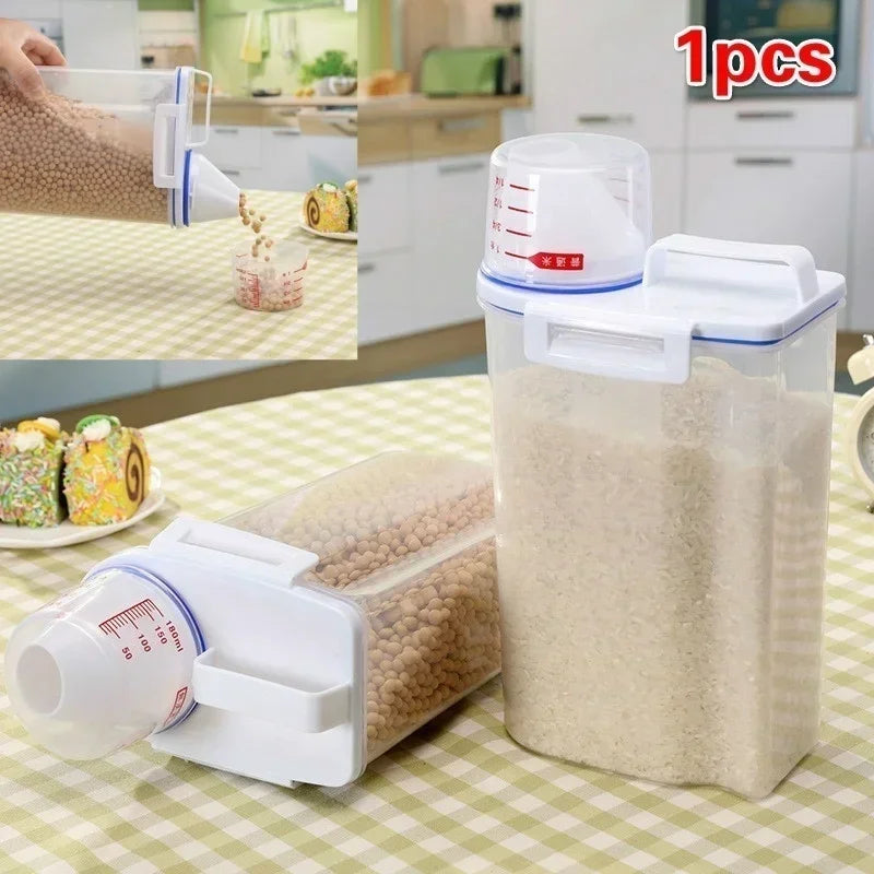 Kitchen grain storage box, household kitchen transparent plastic PP food container,rice and flour storage box with measuring cup
