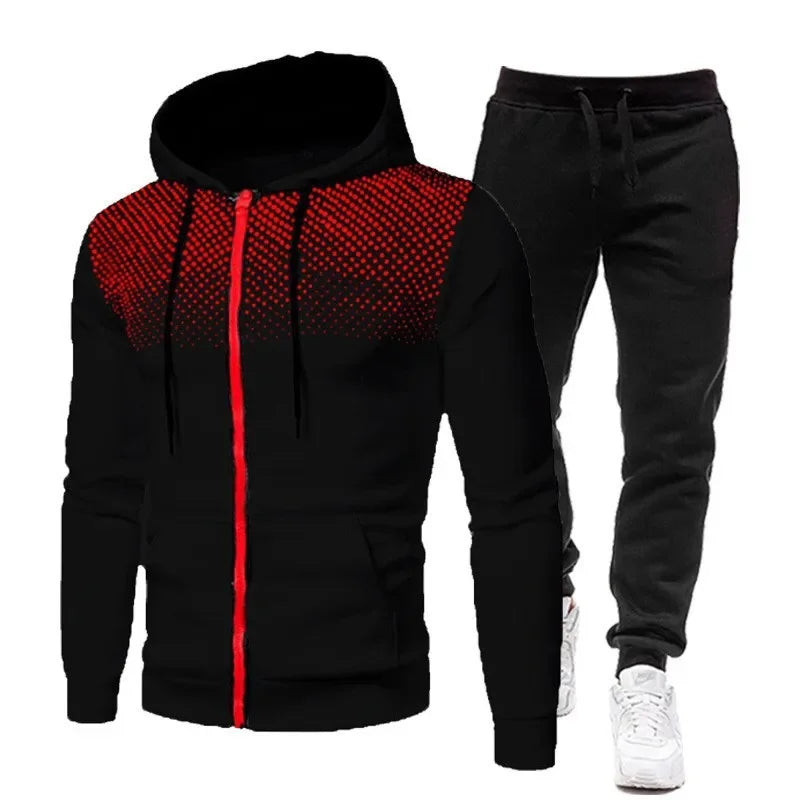 Men's Fashion Print Tracksuit  Zipper Hooded Sweatshirt & Sweatpants Casual Fitness Jogging Sports Two-Piece Suit
