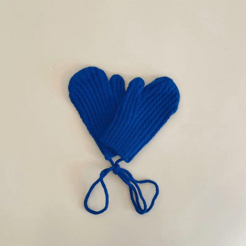 Winter Wool Children Mittens with Straps Knitted Finger Warmer Gloves for Girls Boys Solid Color Kids Accessories 4-10 Years Old