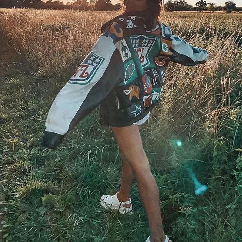 New Women's Baseball Jacket Spring Autumn Fashion Long Sleeve Motorcycle Jacket Female Y2k Printed Casual Loose Outerwear Coat