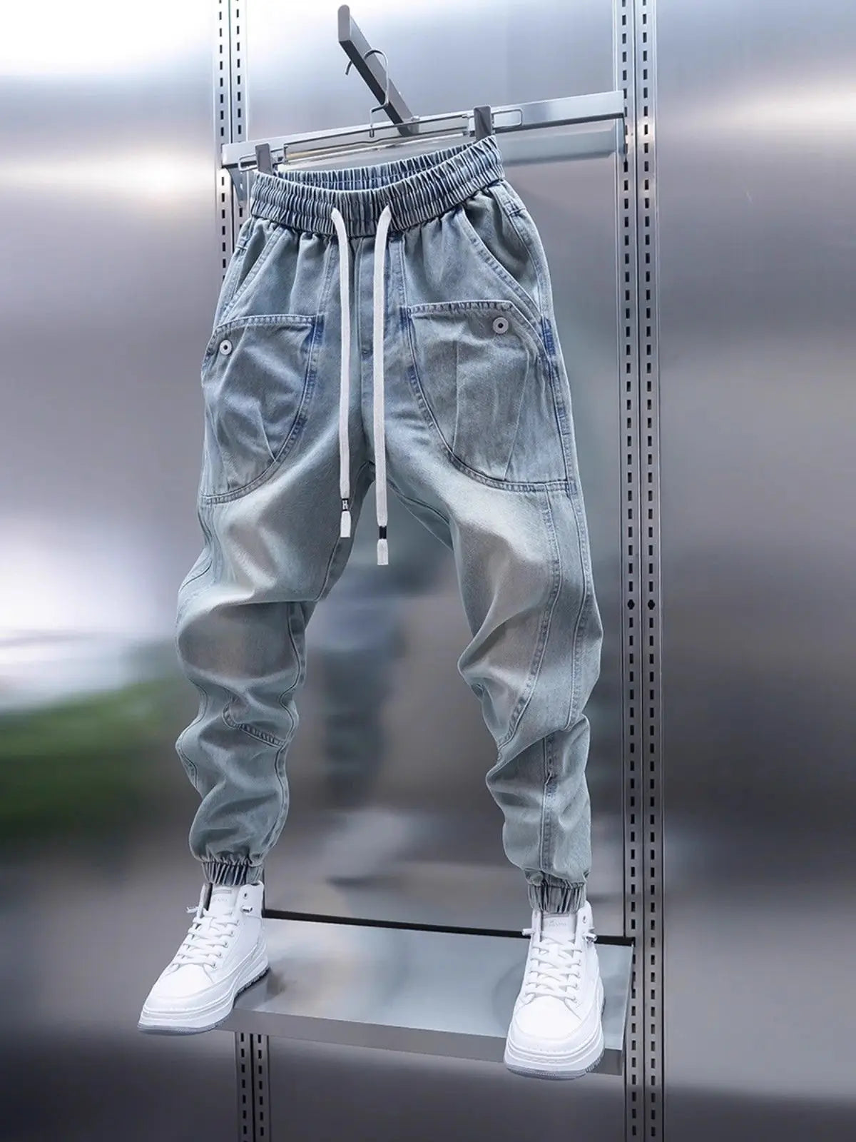 Waed Denim Jeans Men's Spring Autumn Large ket Harlan Casual Pants Blue Trendy Trousers Straight Leg Loose Fit Jeans