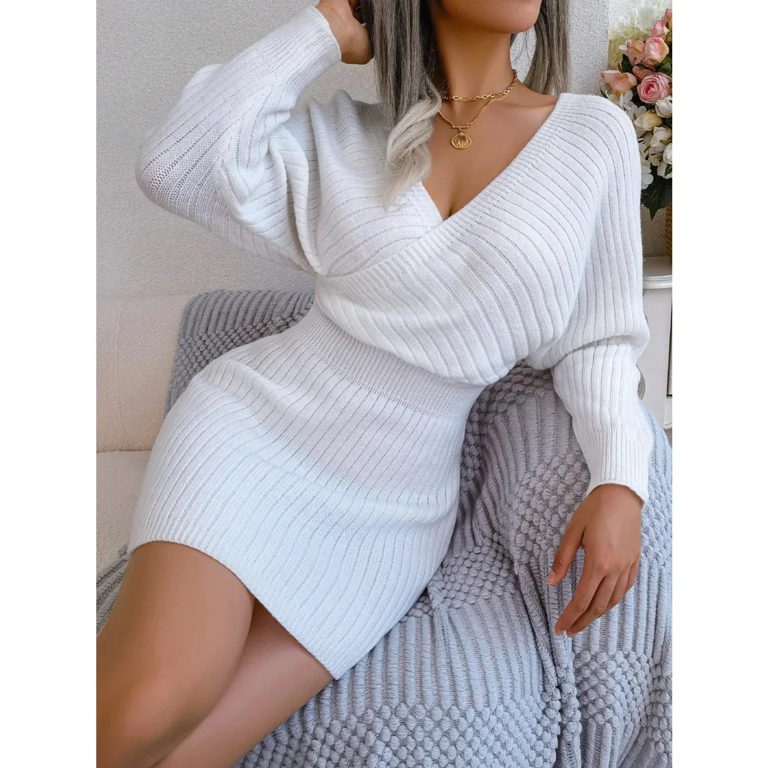 Autumn Winter Casual Sexy Cross V Neck Batswing Sleeve Dress for Women Solid Color Wrap Hip Woolen Dress