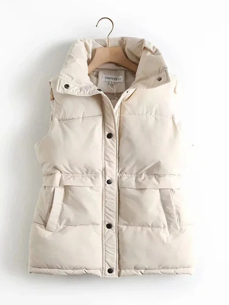 Winter Women Solid Loose Vest Fashion Drawstring Stand Collar Long Vest Jacket  Cotton Padded Women Windproof Warm Waistcoat