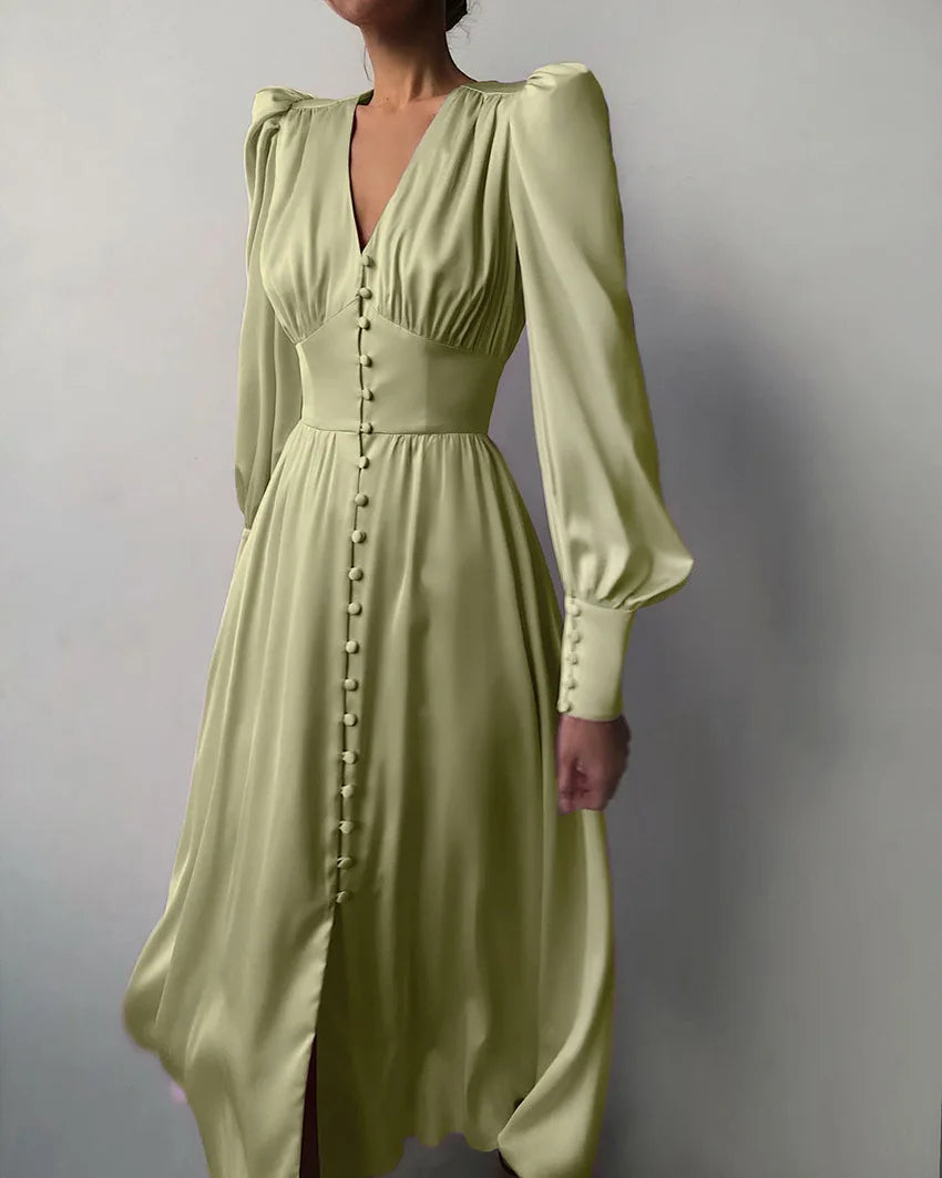 Autumn and Winter Women's Long Dress V-neck Satin Waist Retro Dresses for Women