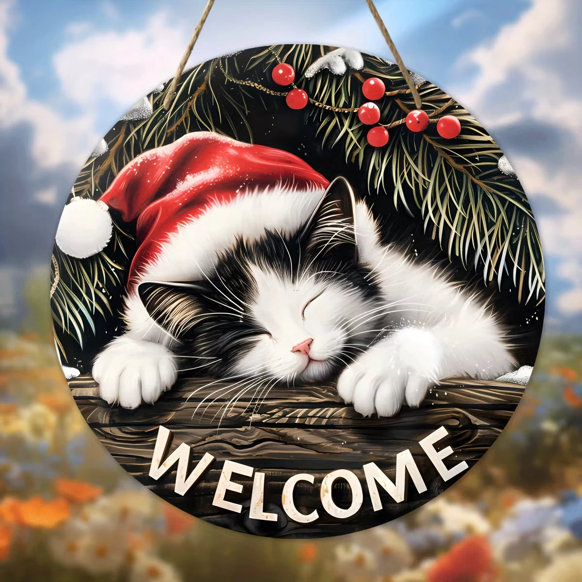 Christmas Welcome Sign Wooden Round Hanging Decoration with Sleeping Cat Design, Perfect for Wreath New Ye wall Accents