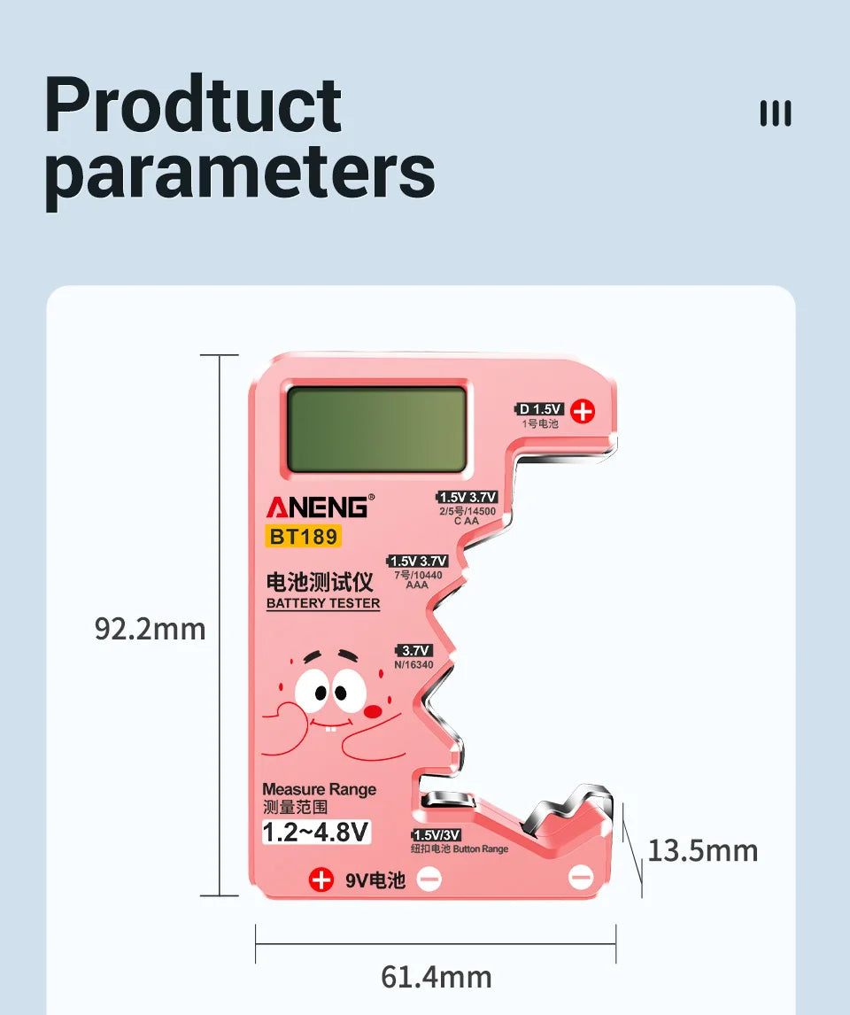 ANENG BT189 Universal Battery Tester for C,AA,AAA,D,N,9V 6F22 Batteries 1.5V 3V Button Cell Battery Indicator Electric Tools
