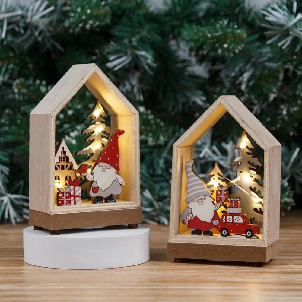 Christmas Ornaments Xmas LED Wooden House Glowing Santa Claus Wooden House Ornament For Party Home Desktop Decor