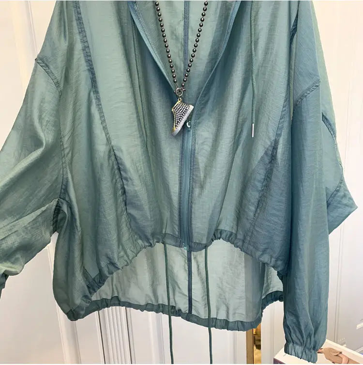 Jackets Women Hooded Summer Sun-proof Zipper Coats Thin Loose See Through Outerwear Breathable Outwear Lightweight Clothes Black