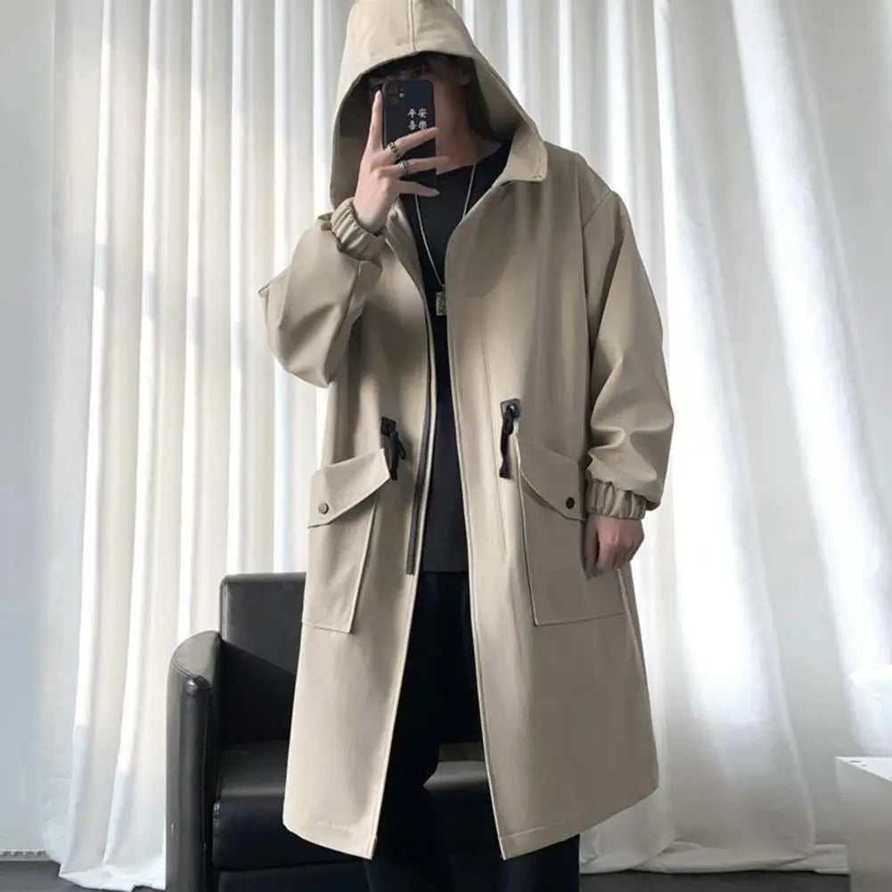 Long Trench Coat Jacket Men Autumn Spring Black Hip Hop Japanese Coats Streetwear Male Hooded Green Khaki Casual Jackets