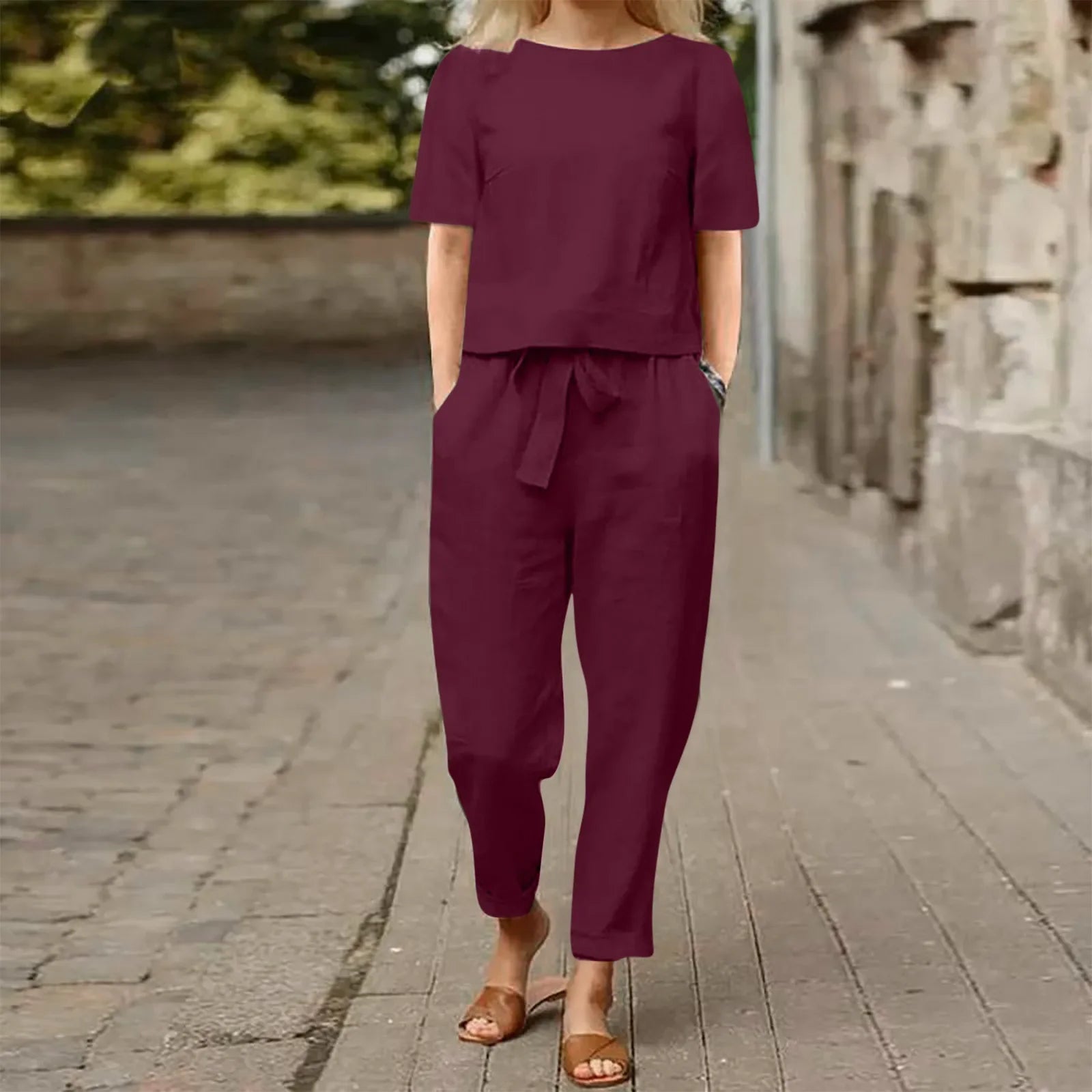 Women's Cotton Linen Suit Summer Matching Suit Half-sleeved Round Neck Tie Elastic Waist Trousers Wide-leg Pants Retro Suit