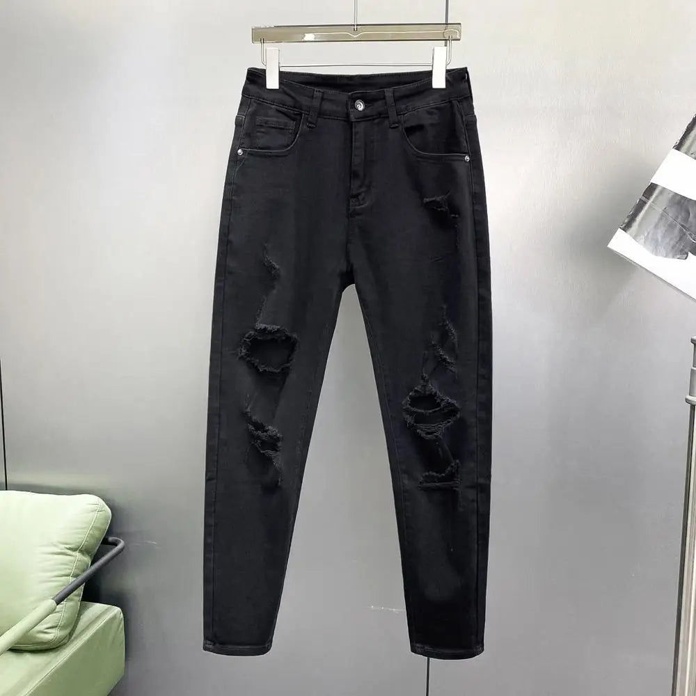 Ripped Jeans Men's Summer Thin Casual Elastic Versatile White Jeans Men's Korean Trendy Pants denim men clothing cargo pants