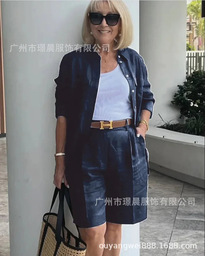 Casual Women Suit Long Sleeve Shirt + High Waist Crotch Pants Sets Two Piece Set Solid Women's Outfit Spring Autumn 2-piece Set