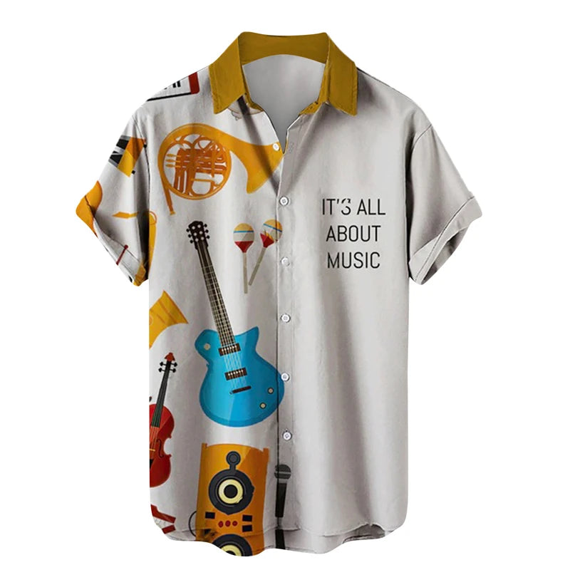 Shirts For Men Music Guitar Print Rock Hip Hop Tops Male Clothing Short Sleeve V-Neck Beach Ahloa Shirts Camisa Social Masculina