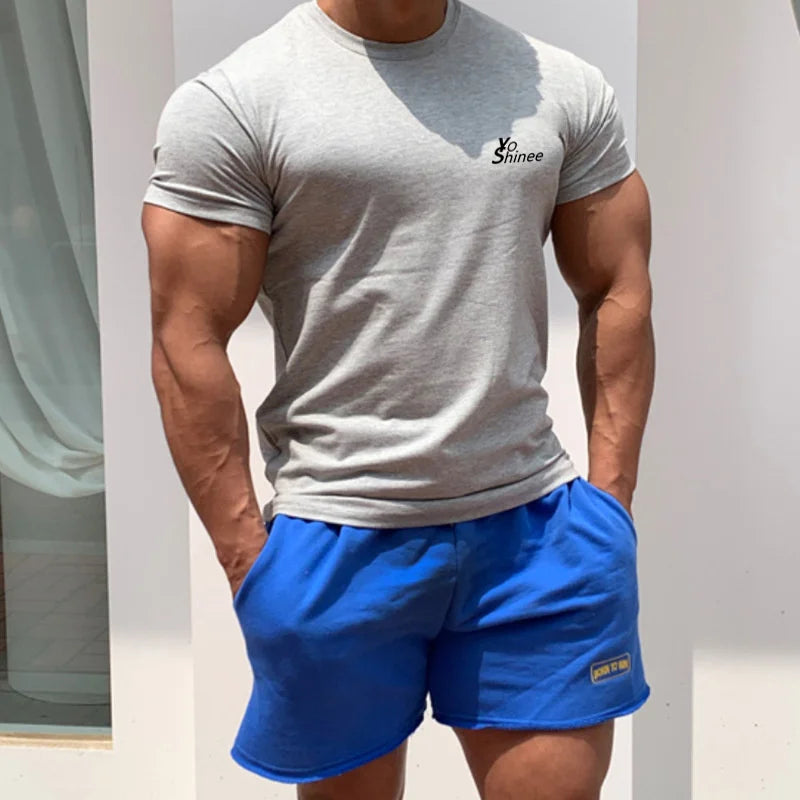 Men Tshirts Short Sleeve Slim Fit Stretch Cotton Muscle T-shirt for Men Bodybuilding Workout Casual GYM Fitness Tee