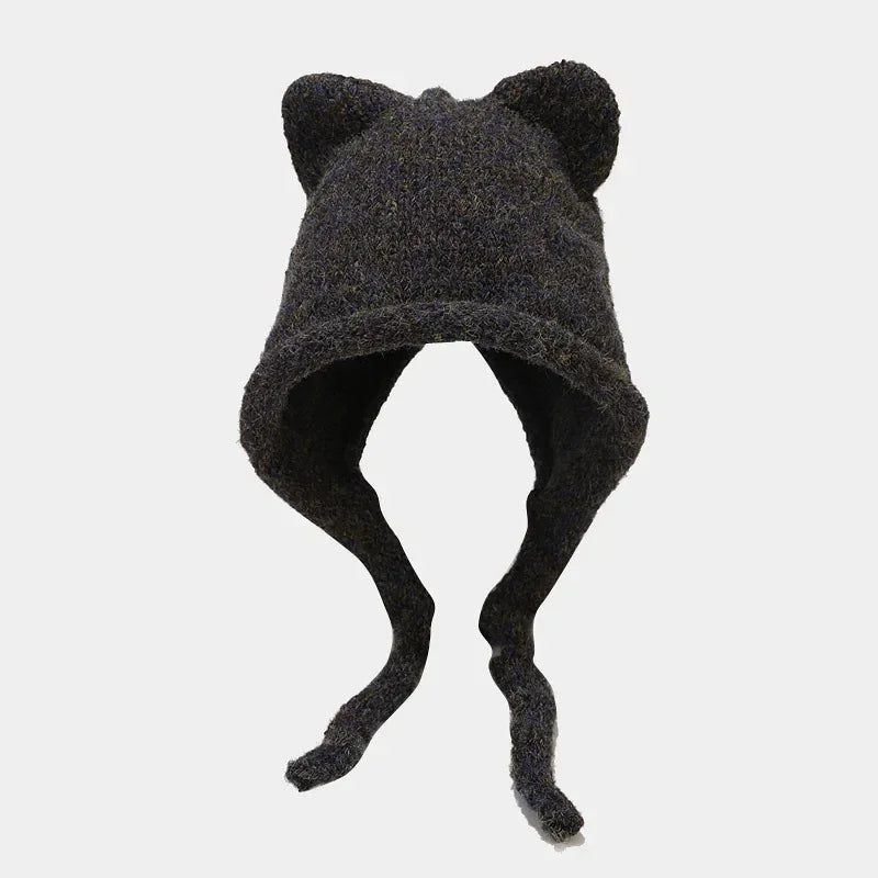 Winter Hat For Women Men Skullies Beanies Solid Color Korean Cute Cat Ear Warm Wool Ear Protection Knit Pullover Strap Cap Y2K