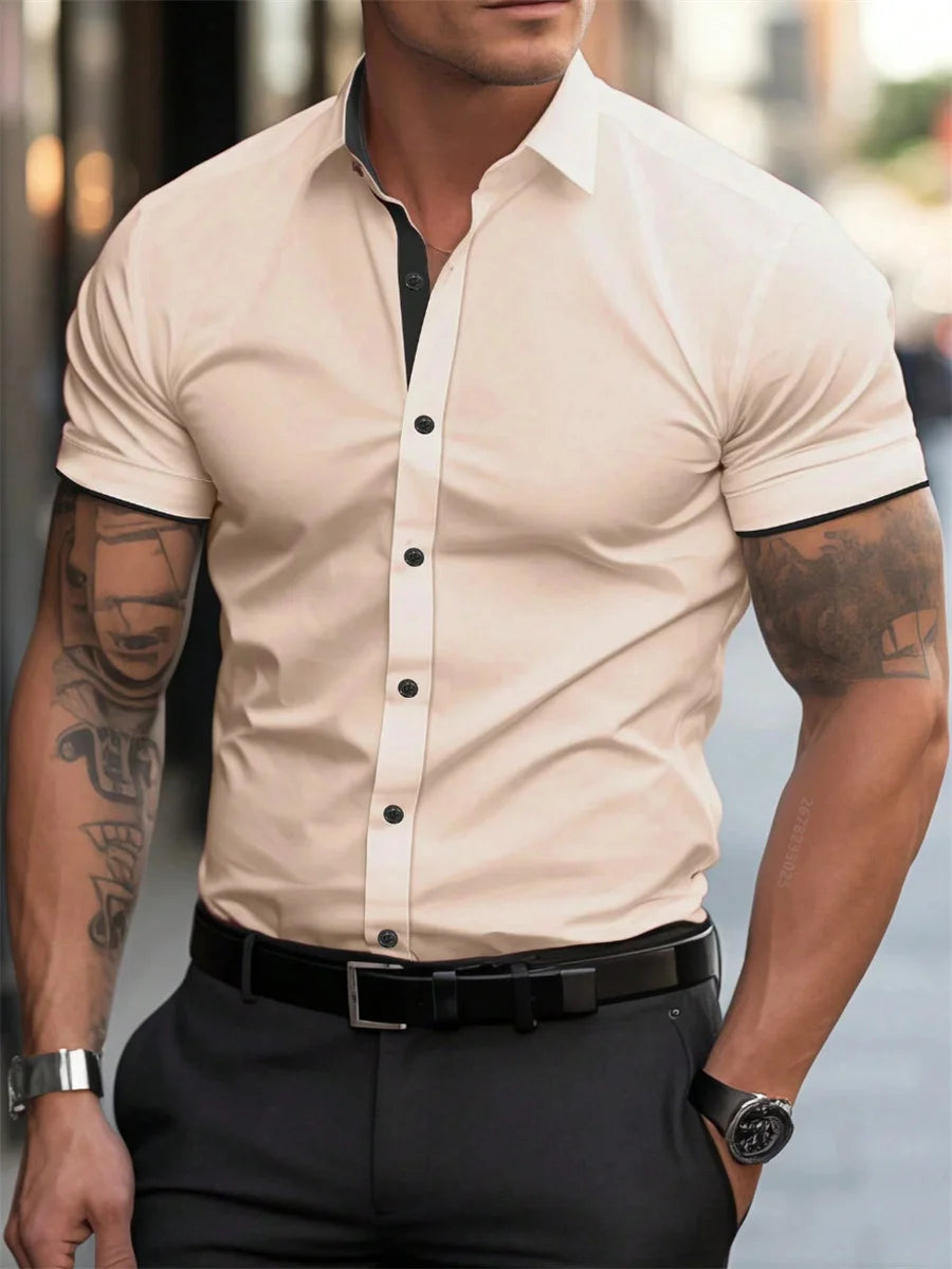 Men's short-sleeved shirts for casual daily wear. Large men's summer slim, light, elastic and iron-free business shirts