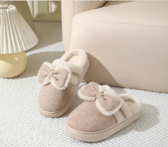 2025 Winter Women's Warm Slippers - Cute Bow Non-Slip Plush House Shoes, Thick Sole Fuzzy Indoor Bedroom Slippers for Home