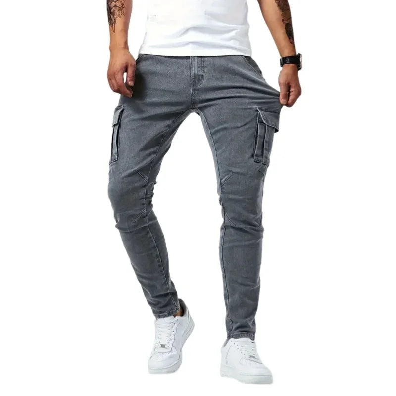 Men Elastic Skinny Jeans Soild Denim Pants Slim Fit Casual Jeans Multi Pocket Cargo Pants Fashion Casual Trousers Man Clothing
