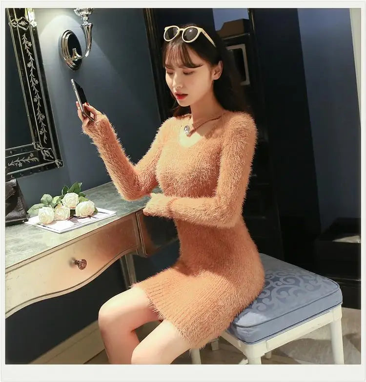 Women's Autumn Winter y2k Dresses Casual Korean Fashion Clothing Slim Mini Sweater Dress White Black Knitted Bodycon Vestidos