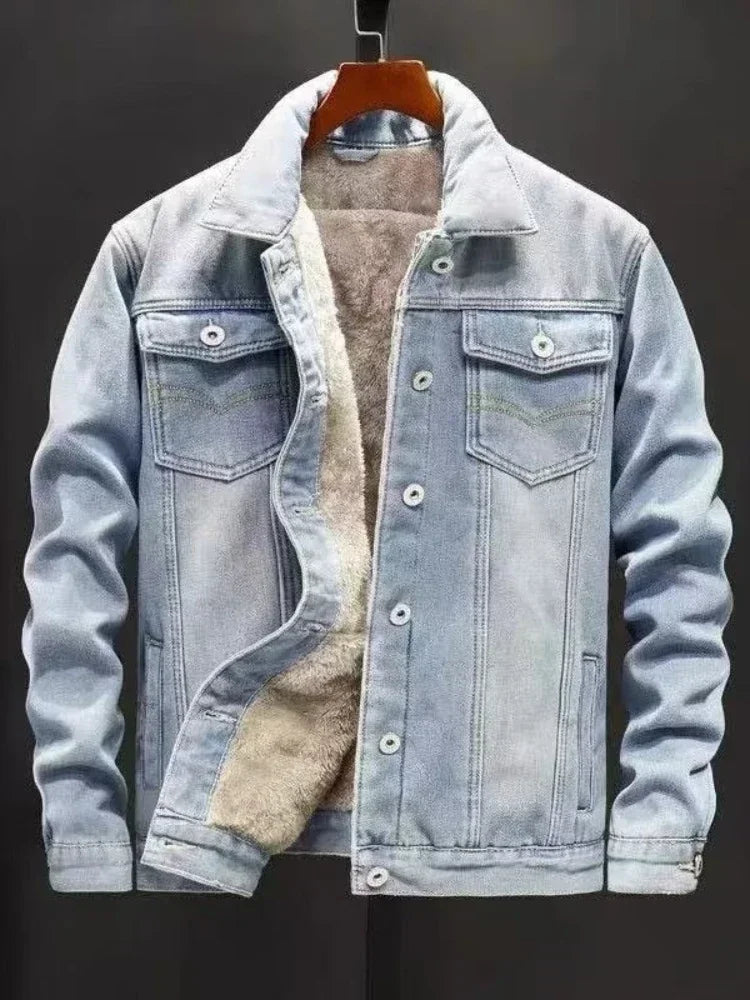 Men Coat Thick Denim Jackets Turn Down Collar Lamb Wool Coats Full Sleeve Casual Splice Single Breasted Jacket Autumn Winter