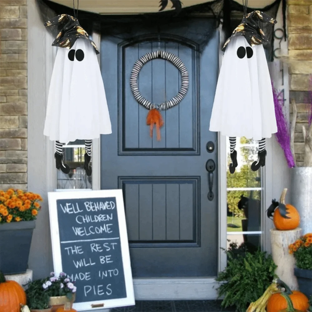 Scary Luminous Halloween Hanging Ghost Floating Flashing Halloween Hanging Ornament with Witch Hat LED Specter Outdoor