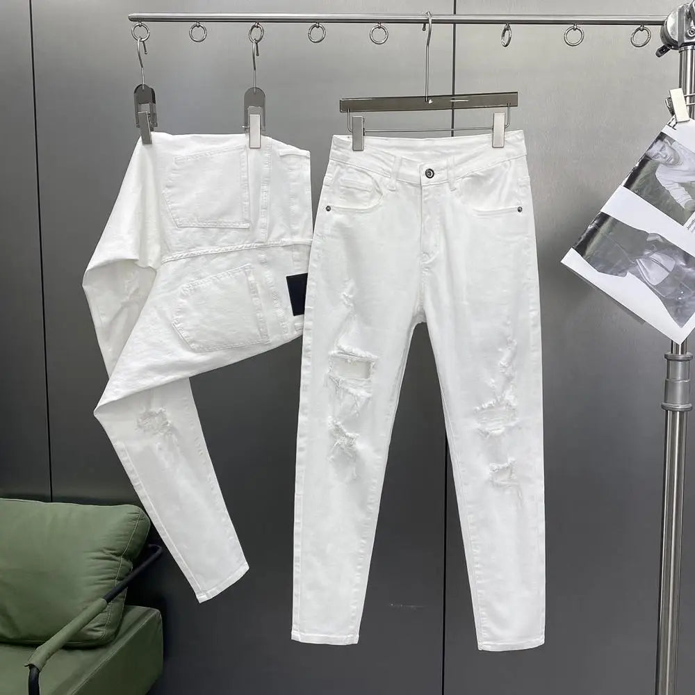Ripped Jeans Men's Summer Thin Casual Elastic Versatile White Jeans Men's Korean Trendy Pants denim men clothing cargo pants